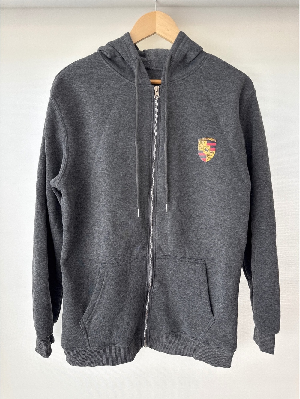 NWOT Porsche Crest Zip Hoodie Men's Large Gray Full Zip Sweatshirt Graphic Logo